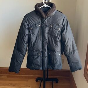 Women's Black Puffer Jacket with Faux Fur Collar